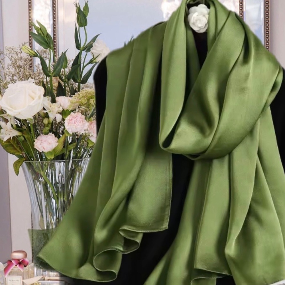 100% SILK SATIN Olive Green Large Shawl Scarf Wrap Prom Cover Up Wedding Gift